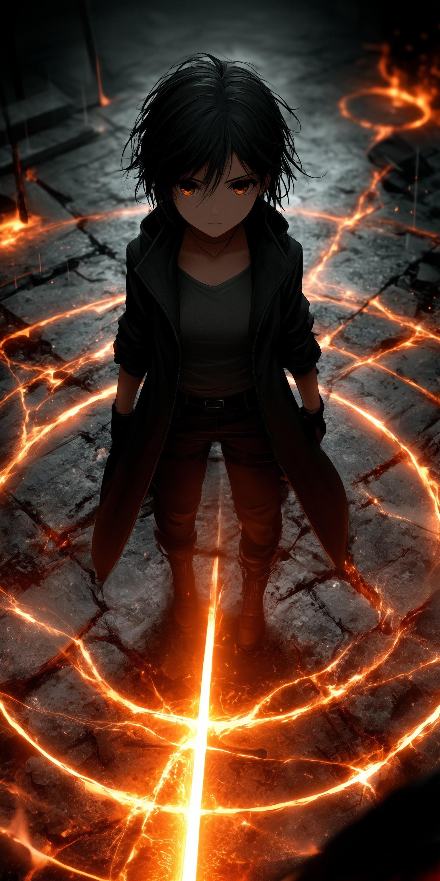 Midjourney prompt: anime character standing in the center of an energ... - Midjourney