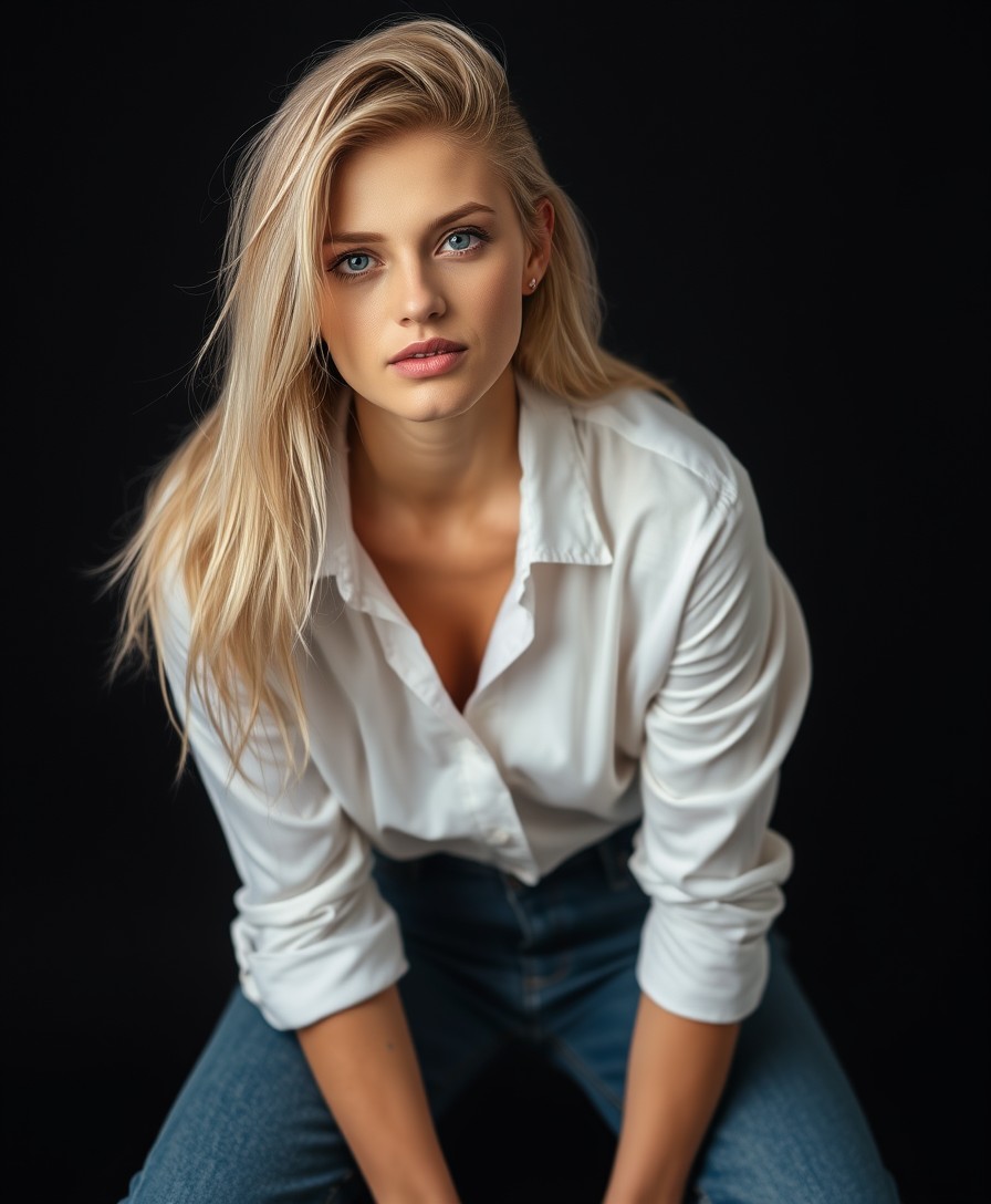AI generated: FLUX prompt: fashion model shoot, of a blonde woman with green ... (FLUX - Portraits)