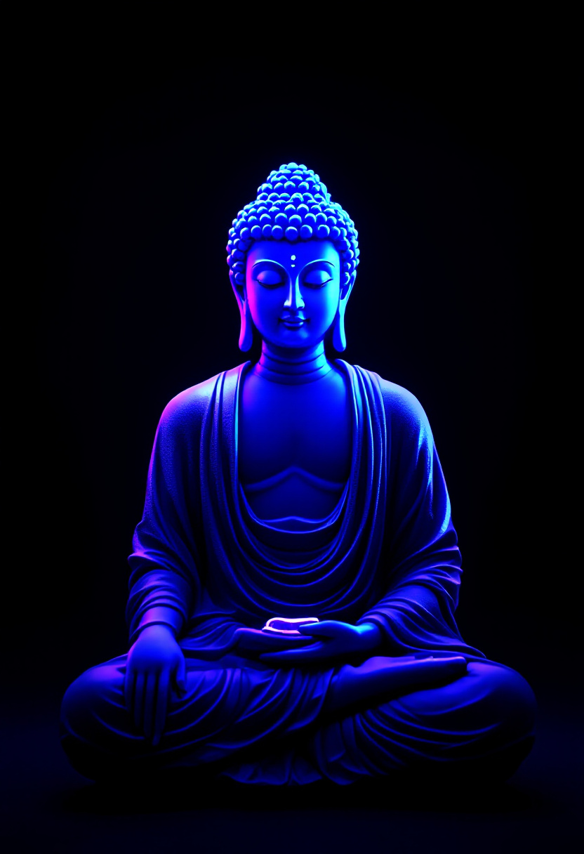FLUX prompt: vaporwave style, neon blue statue of a lord buddha... - FLUX