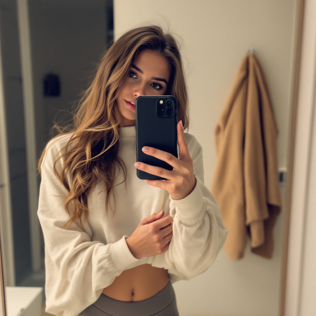 AI generated: FLUX prompt: the girl takes a photo with her phone of herself i... (FLUX - Portraits)