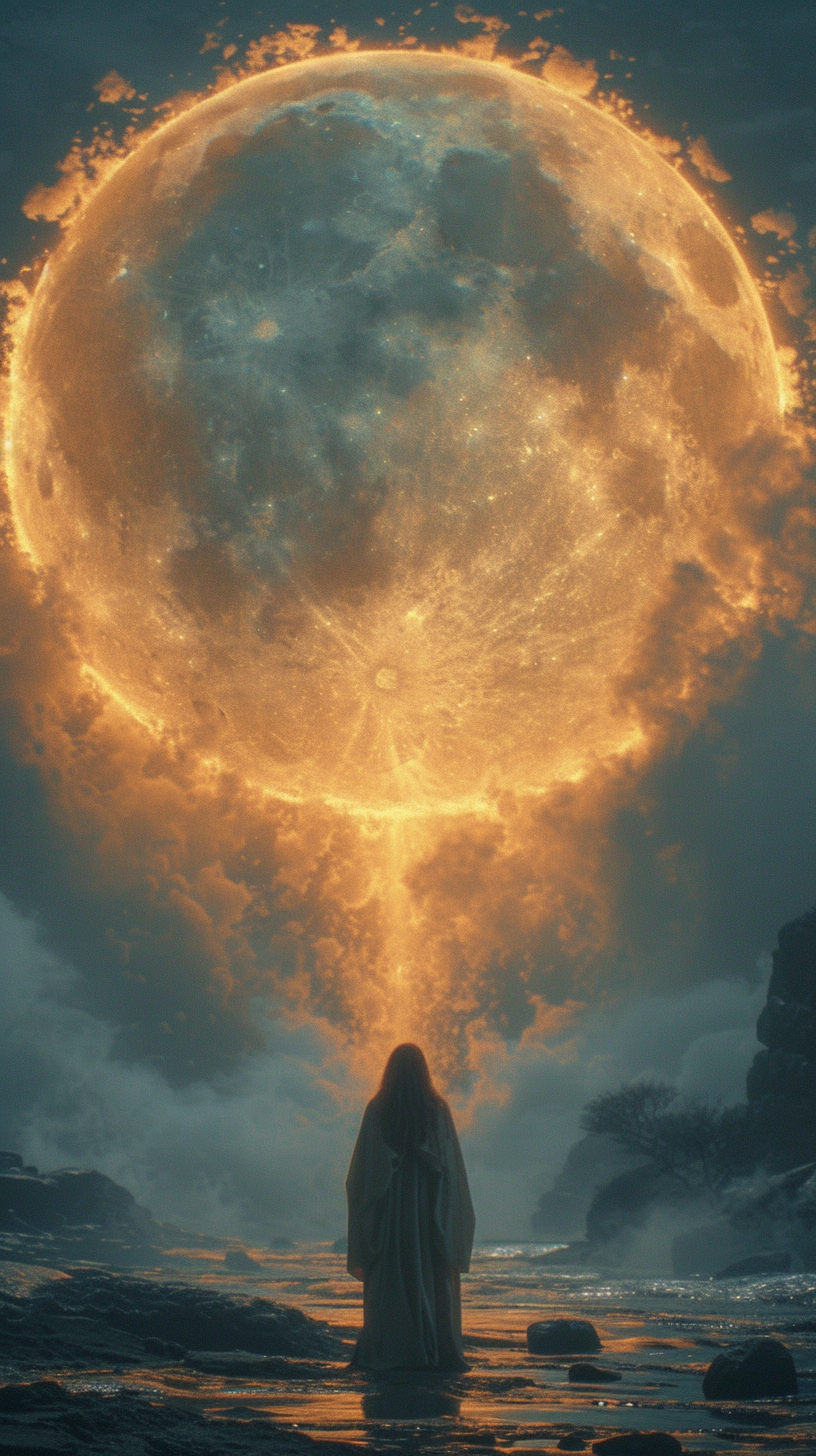 صورة مولدة بالذكاء الاصطناعي: Midjourney prompt: a man standing in front of an image of the moon, i... (نموذج Midjourney - فن مفاهيمي)