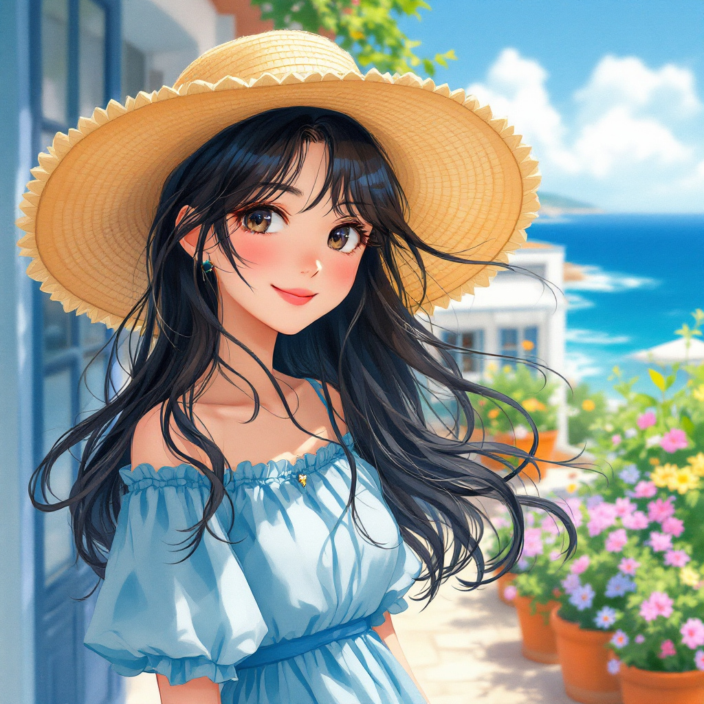 FLUX prompt: An anime girl in a blue dress and straw hat,...