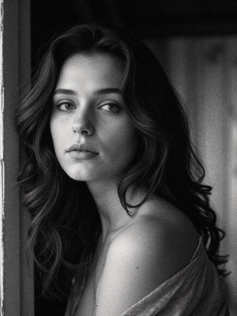 AI generated: FLUX prompt: A cinematic black-and-white portrait of a young wo... (FLUX - Photography)