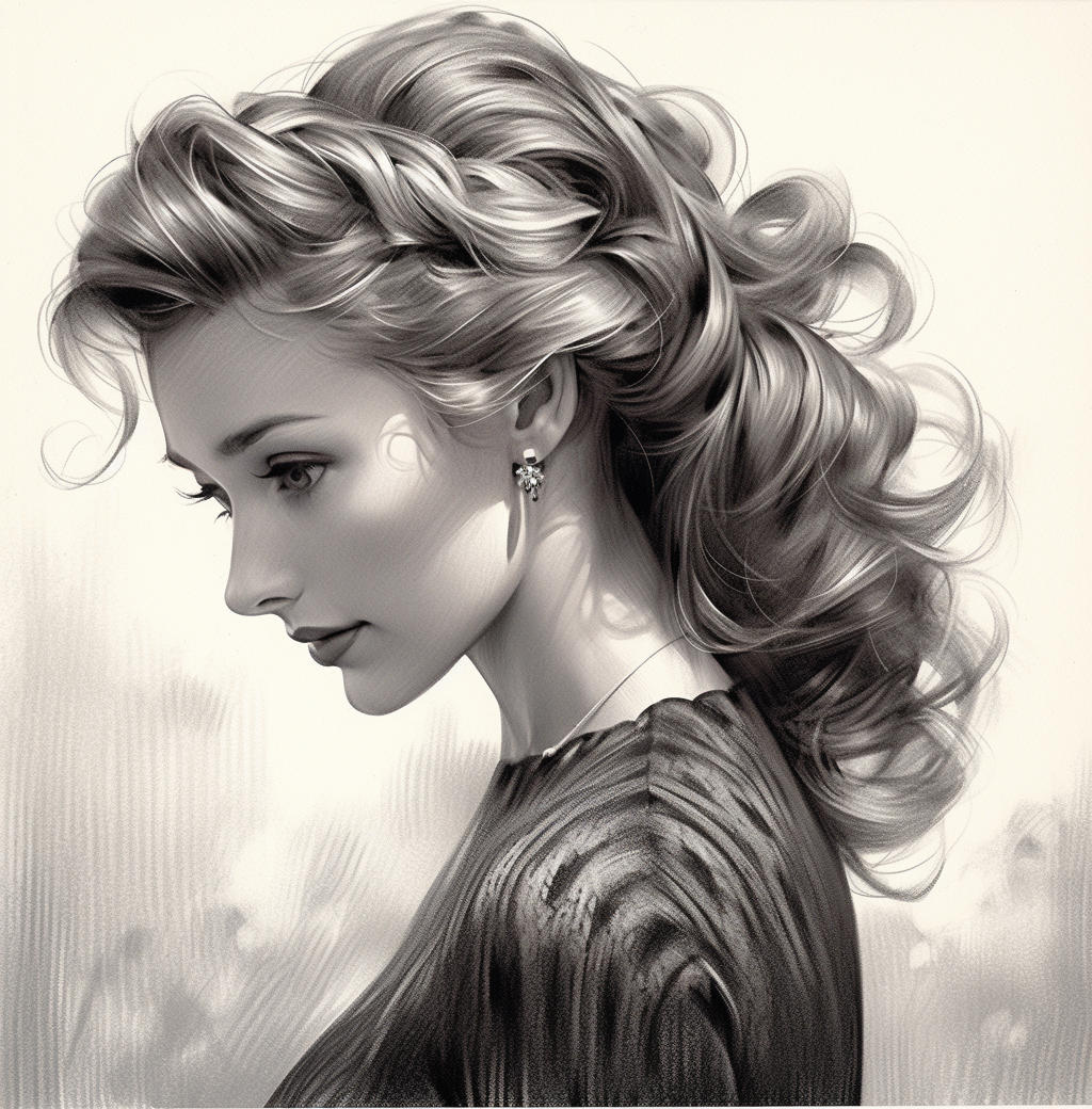 Midjourney prompt: the drawing shows a woman with hair in an updo, in... - Midjourney