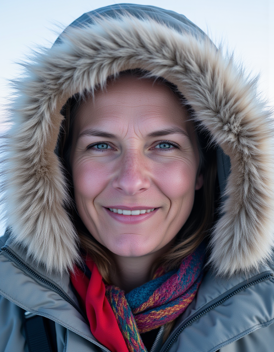 AI generated: FLUX prompt: A 45-year-old woman, her face framed by a fur-line... (FLUX - Photography)