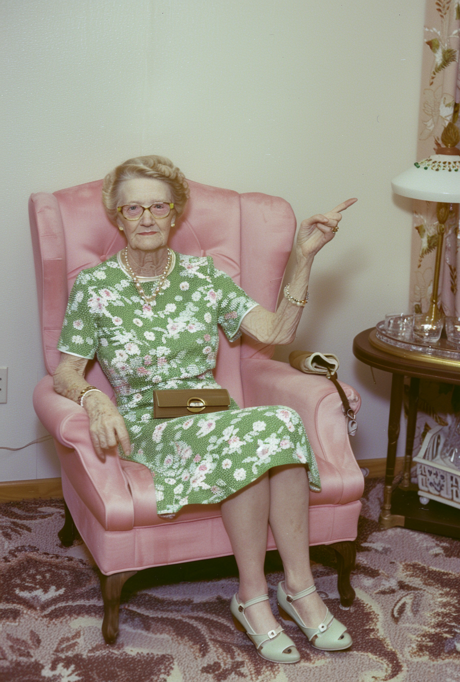 صورة مولدة بالذكاء الاصطناعي: Midjourney prompt: A photo of an older woman sitting in the pink chai... (نموذج Midjourney - تصوير فوتوغرافي)
