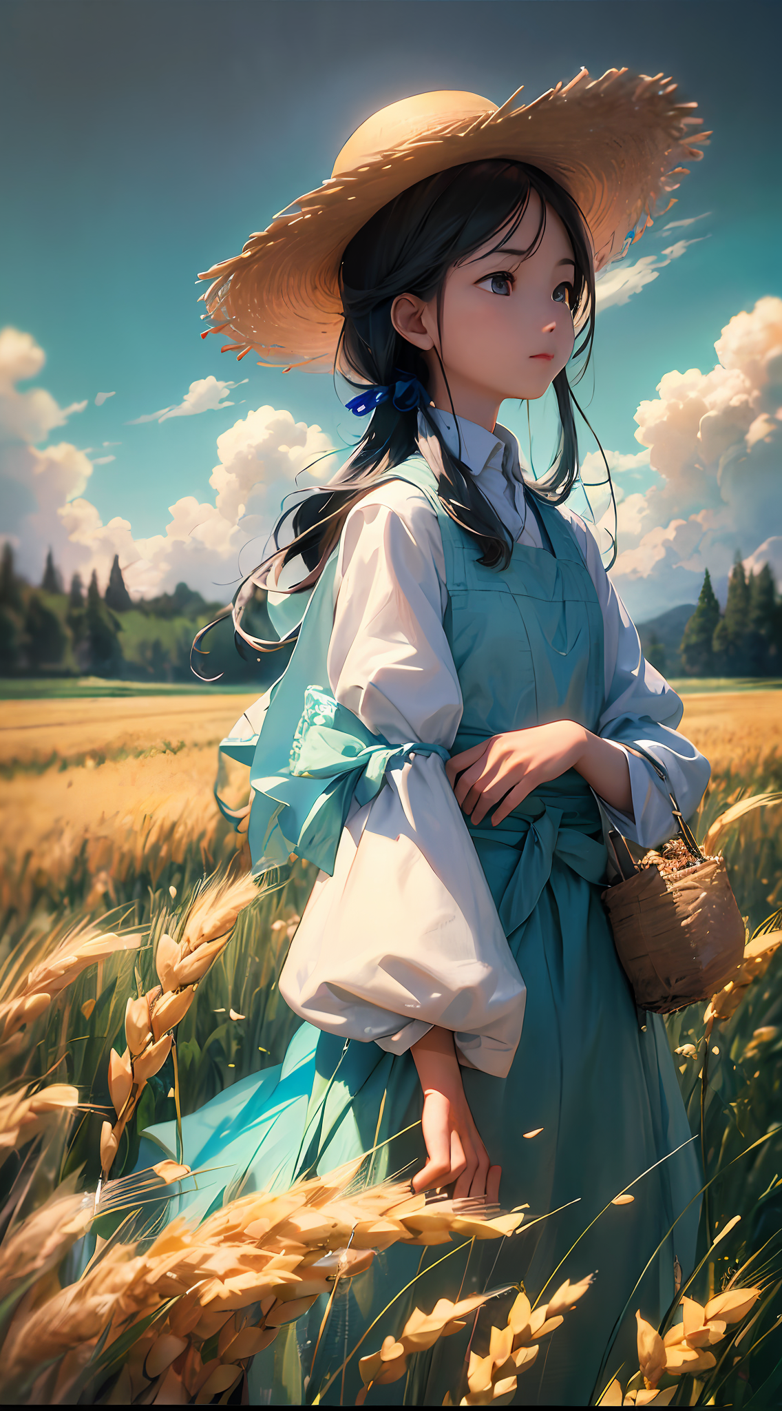 AI generated: Deliberate prompt: Wheat field, a farmer uncle with a straw hat stand... (Deliberate - Anime)