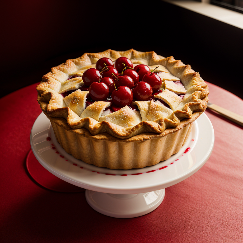 صورة مولدة بالذكاء الاصطناعي: Stable Diffusion prompt: Food photography, cherry pie, in a luxurious Miche... (نموذج Stable Diffusion - تصوير فوتوغرافي)