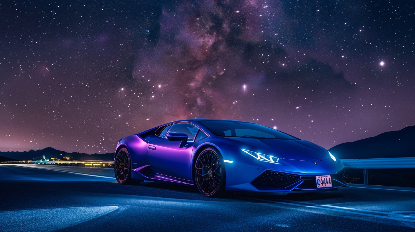 صورة مولدة بالذكاء الاصطناعي: Midjourney prompt: Lamborghini, photography , neon, matte blue surfac... (نموذج Midjourney - فن مفاهيمي)
