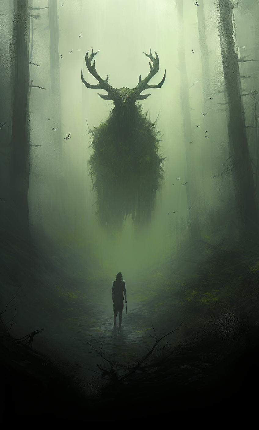 Midjourney prompt: a huge demon coming out of the forest, red luminou... - Midjourney