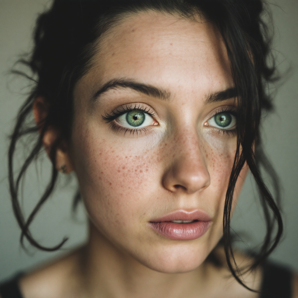 صورة مولدة بالذكاء الاصطناعي: FLUX prompt: Close-up portrait of a woman with green eyes, ligh... (نموذج FLUX - صور شخصية)