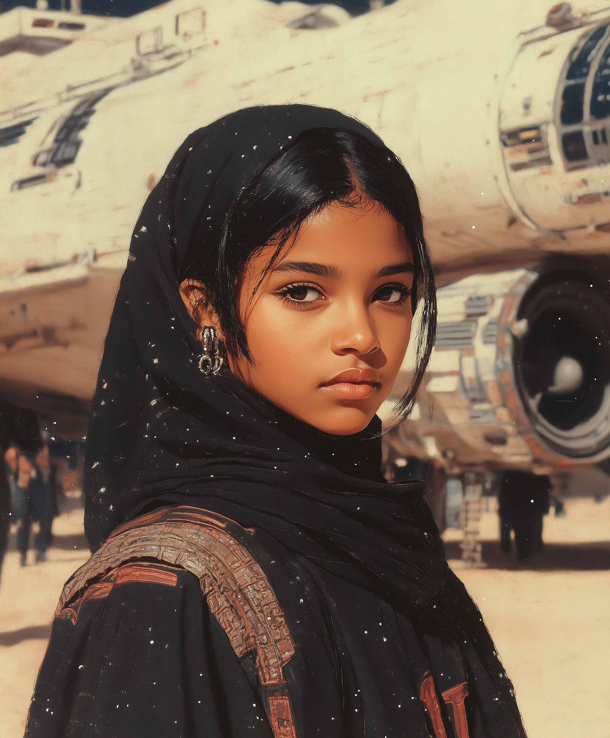 صورة مولدة بالذكاء الاصطناعي: Midjourney prompt: 70s book art of dark fantasy, an Emirati woman wea... (نموذج Midjourney - Character Design)