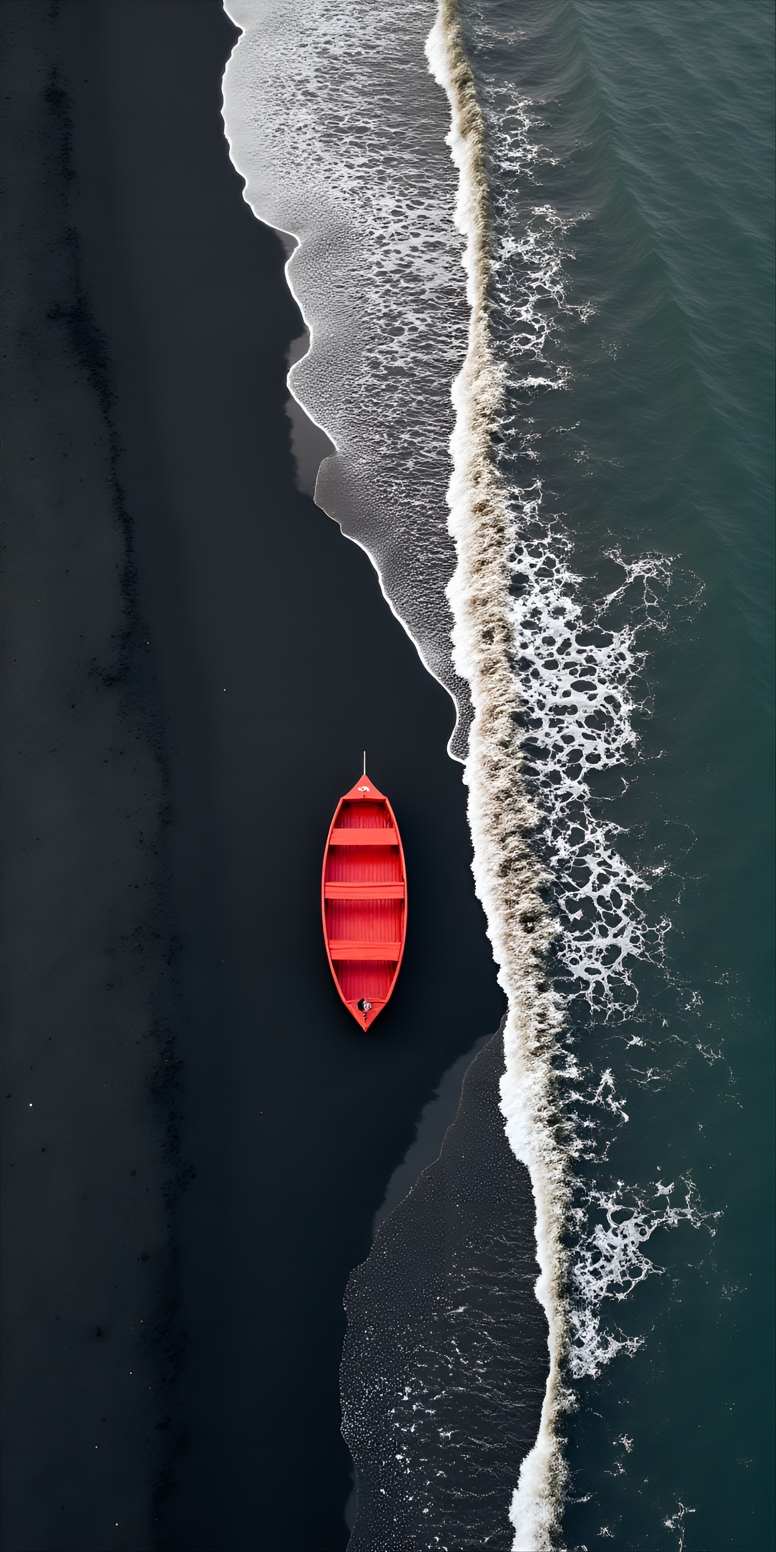 AI generated: FLUX prompt: small, red wooden boat rests on a dark, volcanic b... (FLUX - Animals & Nature)