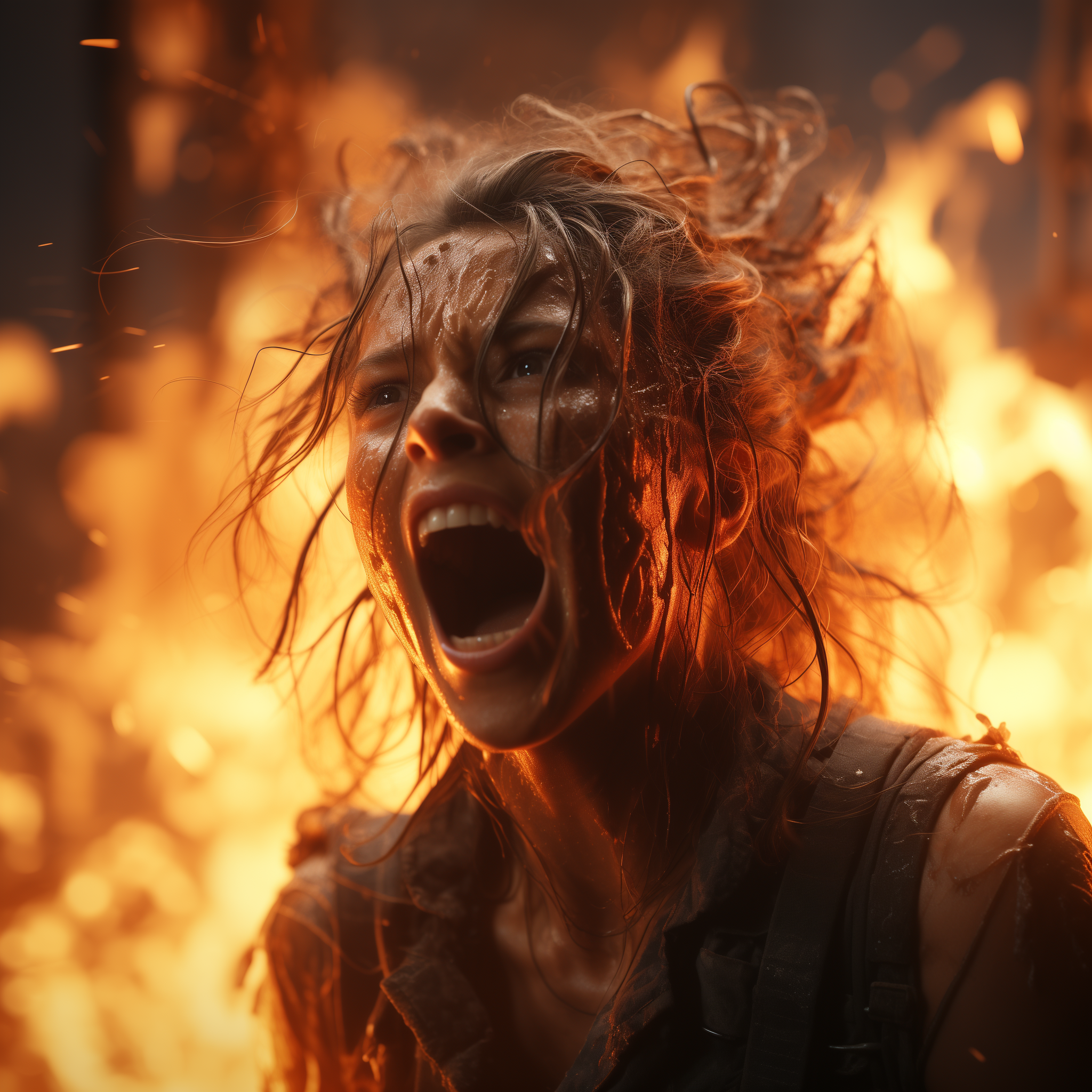 AI generated: Midjourney prompt: A woman screaming, fire everywhere, wailing, horri... (Midjourney - Concept Art)