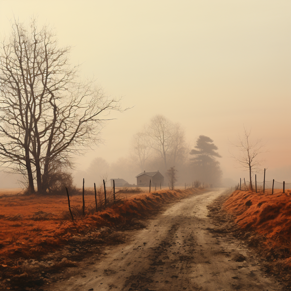 Midjourney prompt: a rural scene and some trees, in the style of mist... - Midjourney