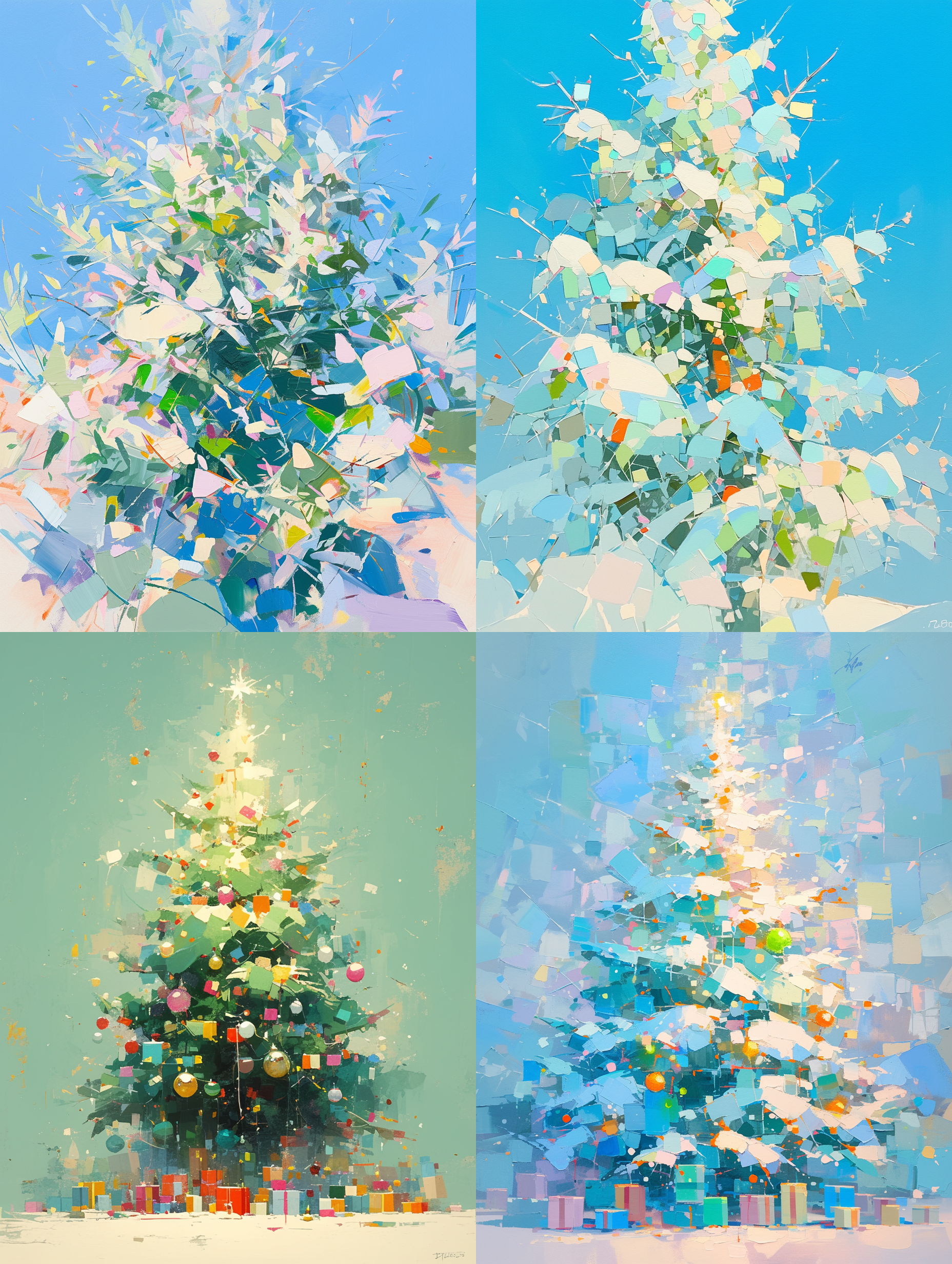 صورة مولدة بالذكاء الاصطناعي: Midjourney prompt: Abstract oil painting of Christmas tree, pastel co... (نموذج Midjourney - Logo Icon Design)