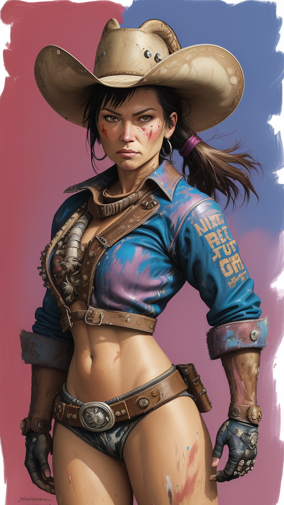 صورة مولدة بالذكاء الاصطناعي: DreamShaper prompt: a drawing of a female Rodeo Outlaw in a complex ba... (نموذج DreamShaper - صور شخصية)
