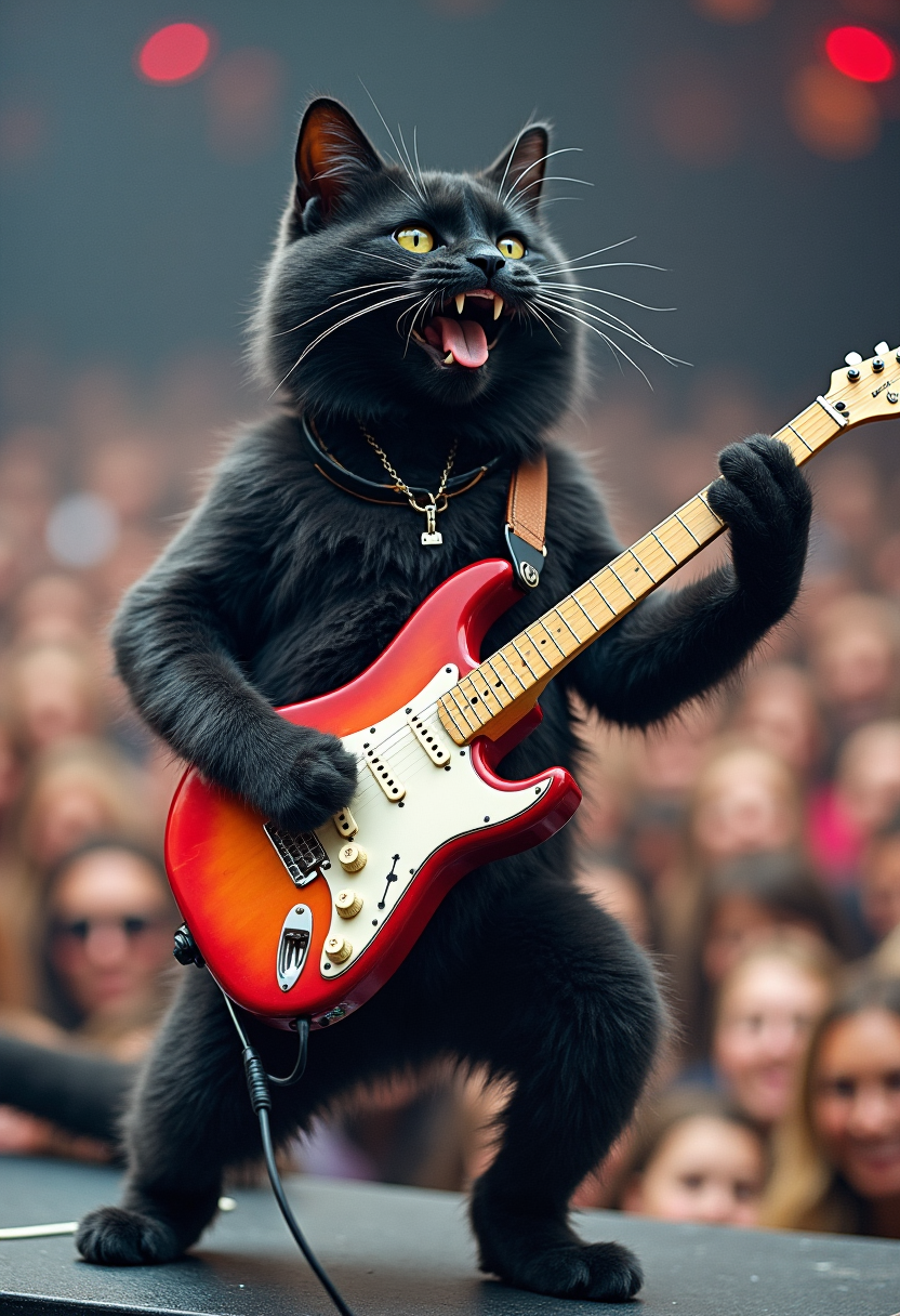 AI generated: FLUX prompt: Real photograph of a black cat playing an electric... (FLUX - Photography)