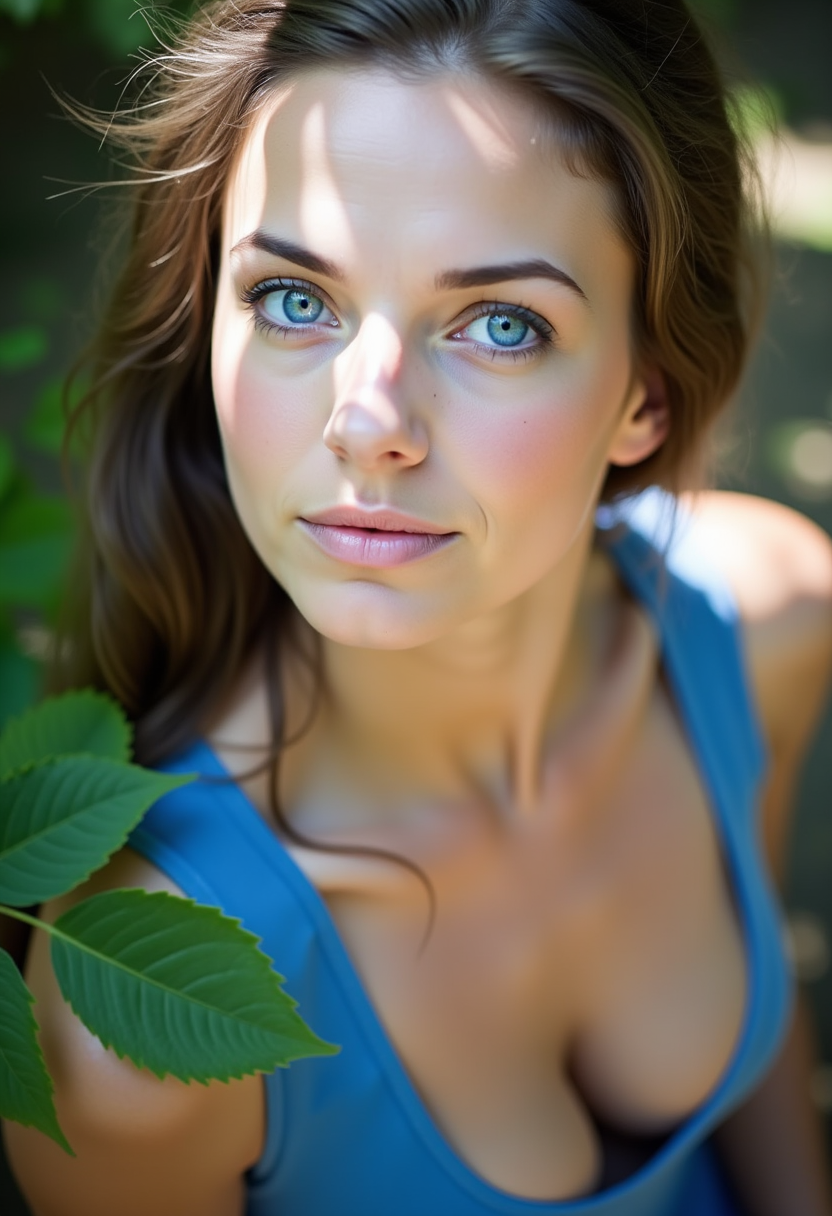 AI generated: FLUX prompt: A woman with striking blue eyes is captured in a c... (FLUX - Photography)