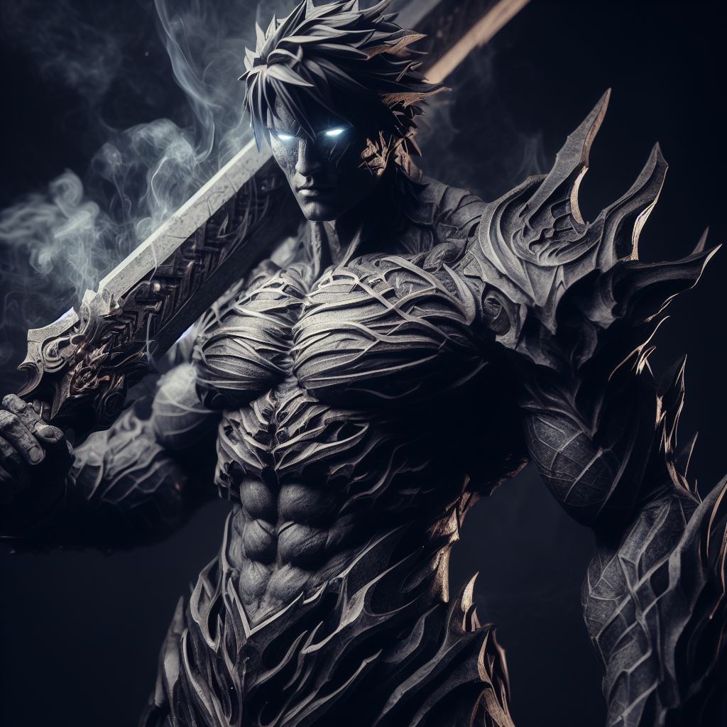 AI generated: DALL·E prompt: A muscular dragon warrior stands tall, holding a m... (DALL·E - Portraits)
