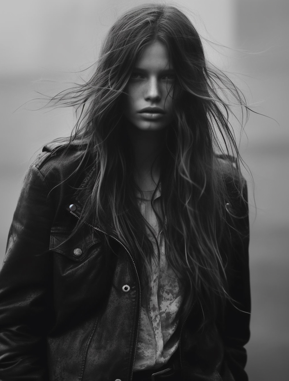 AI generated: Midjourney prompt: a black and white photo of a woman with long hair,... (Midjourney - Portraits)