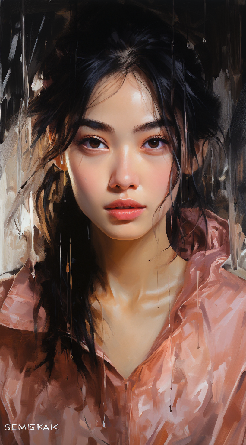 Midjourney prompt: an Asian woman, in the style of light amber and pi... - Midjourney