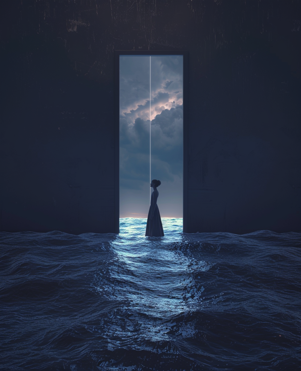 Midjourney prompt: a woman in the middle of an ocean with light shini... - Midjourney