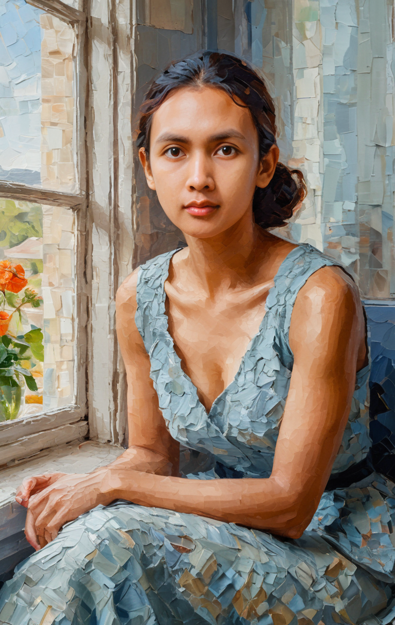 FLUX prompt: a painting of a woman sitting near a window, in th... - FLUX