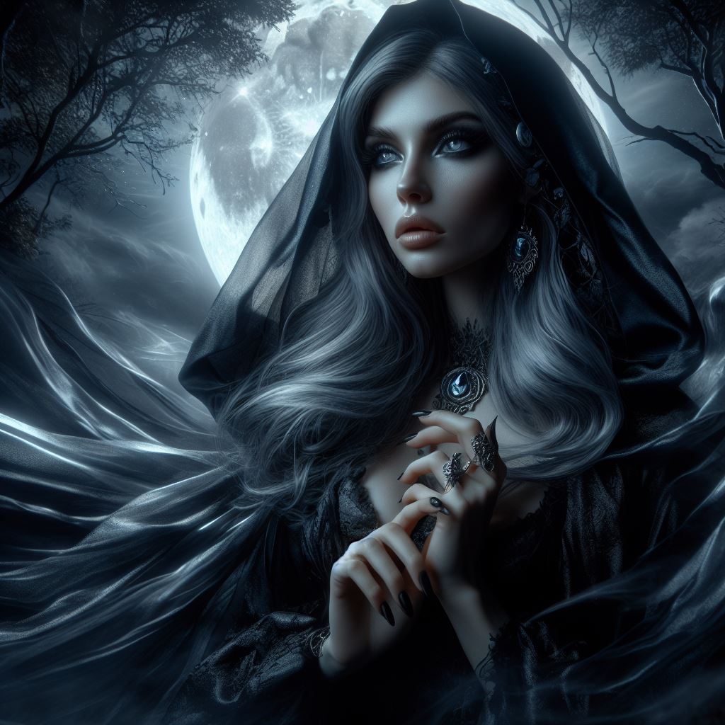 AI generated: DALL·E prompt: In a mystical, moonlit forest, Nocturna, a shadowy... (DALL·E - Portraits)