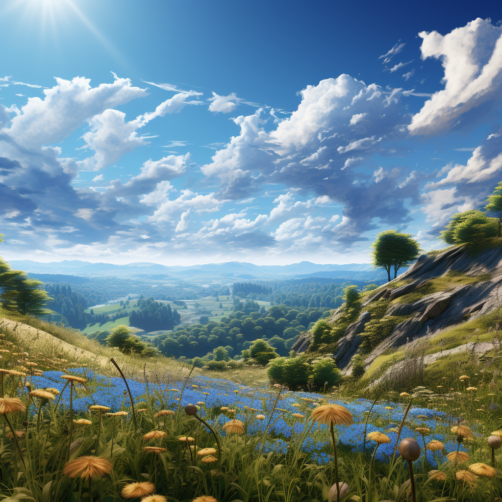 AI generated: Midjourney prompt: Landscape, cloudy blue sky, anime drawing, ultra h... (Midjourney - Landscapes)