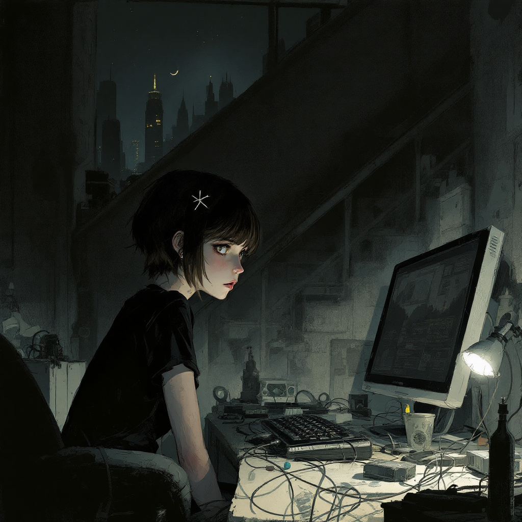 AI generated: FLUX prompt: Jeremy Mann, 1 girl , solo, sitting, john berkey,m... (FLUX - Portraits)