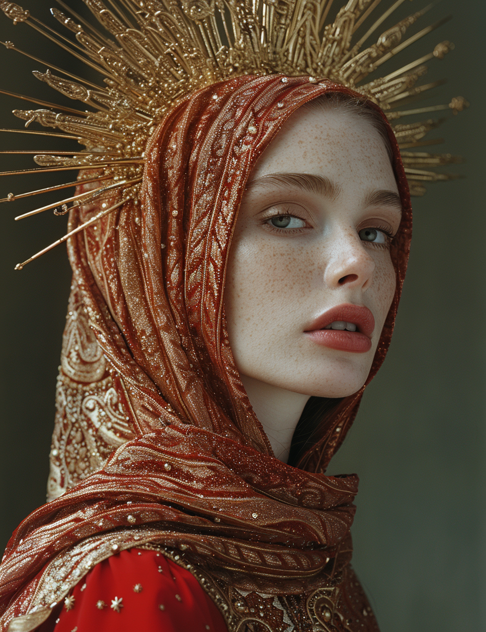 Midjourney prompt: lady in red veils her face and has a large golden ... - Midjourney