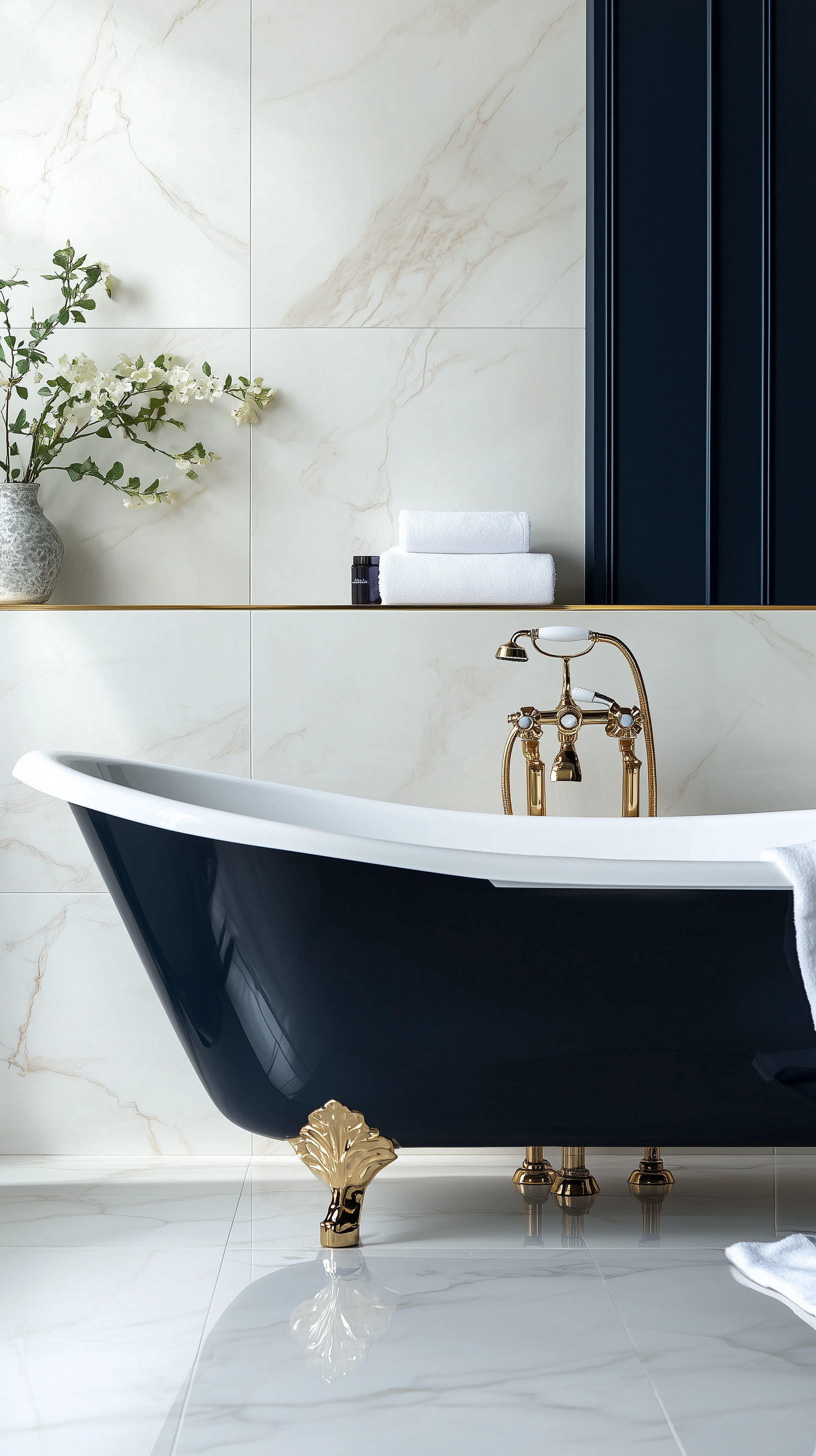 صورة مولدة بالذكاء الاصطناعي: Midjourney prompt: luxurious bathroom with freestanding bathtub, marb... (نموذج Midjourney - تصميم داخلي)