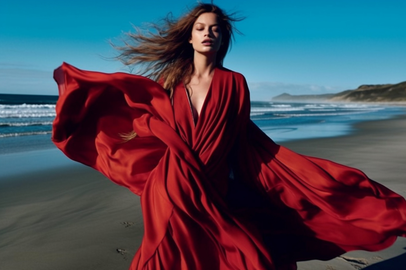 AI generated: Midjourney prompt: a woman in a red dress walking on a beach, a pictu... (Midjourney - Fashion)