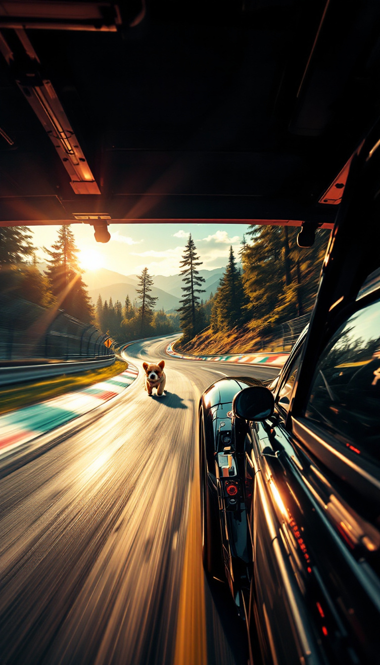 FLUX prompt: Summer. The first racing car racing on the t...