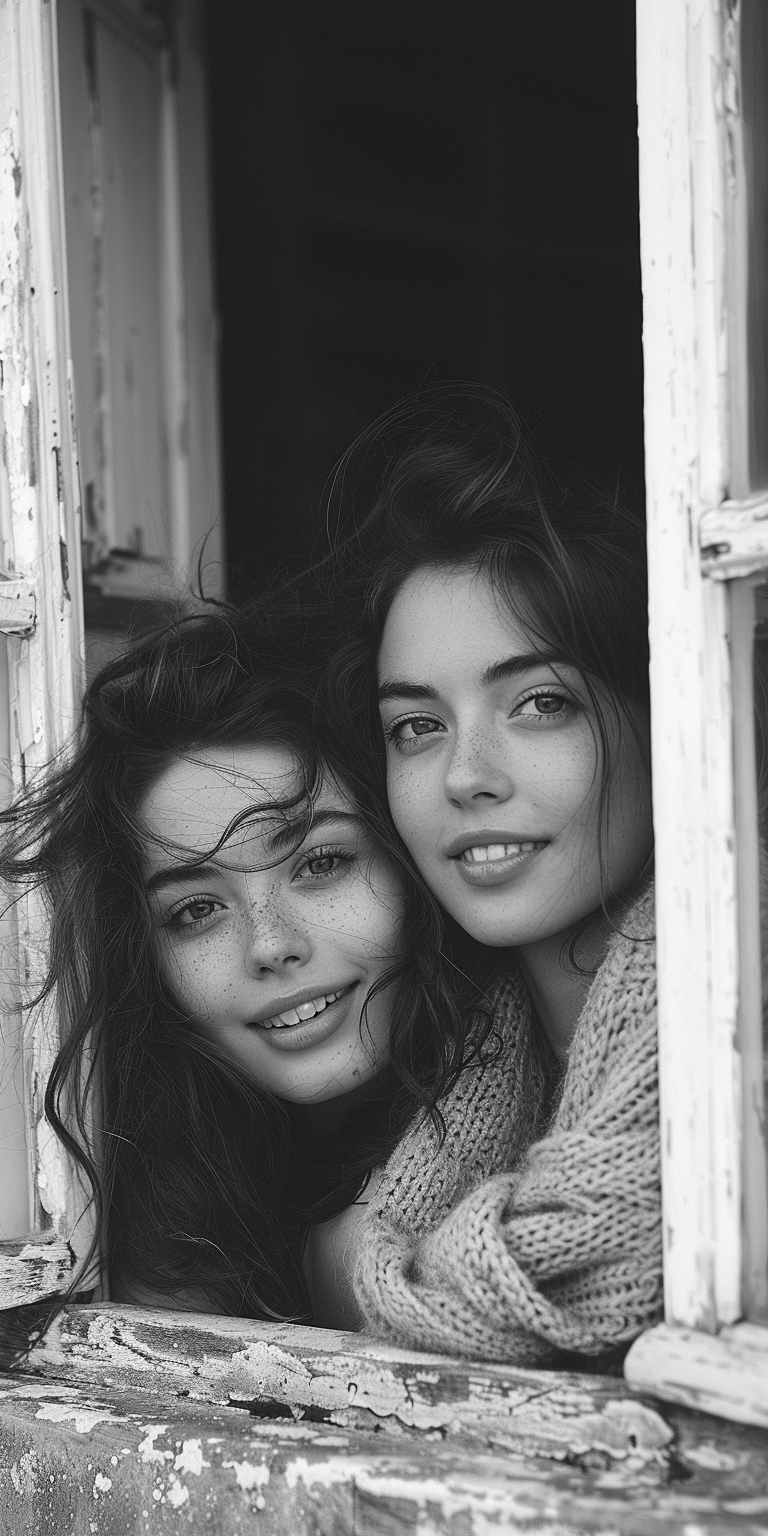 Midjourney prompt: A black and white photo of two young women smiling... - Midjourney