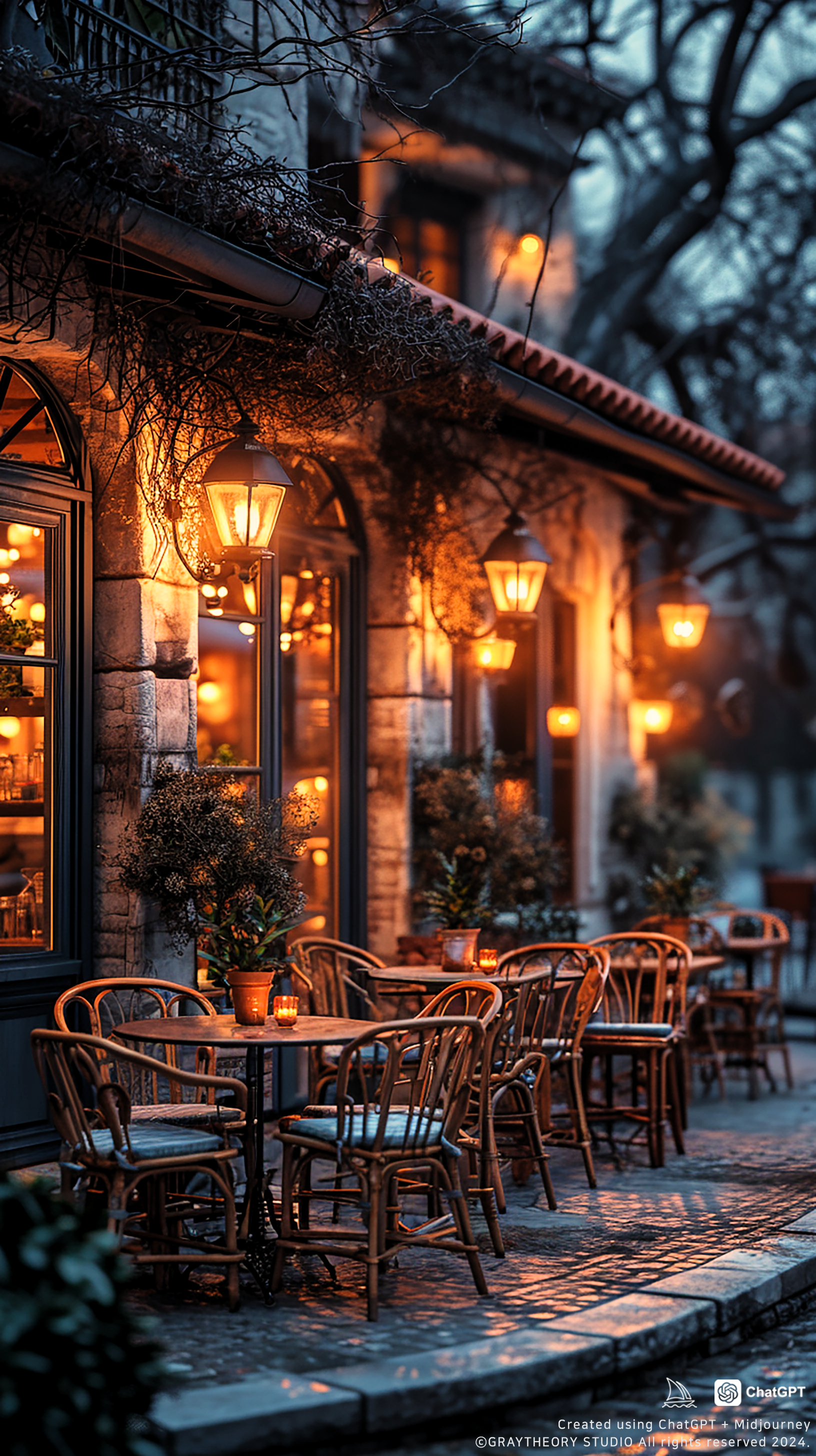 صورة مولدة بالذكاء الاصطناعي: Midjourney prompt: Intimate cafe space, front view, Thonet No. 14 cha... (نموذج Midjourney - تصميم داخلي)