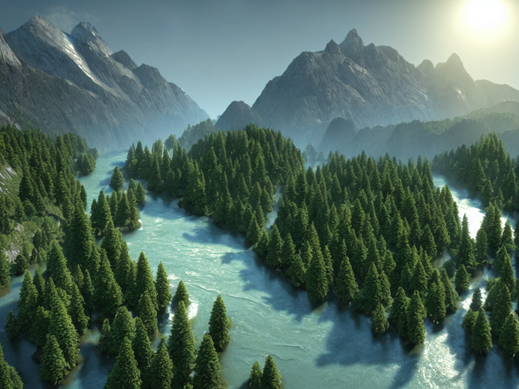 Stable Diffusion prompt: Sunshine over mountains with tre...