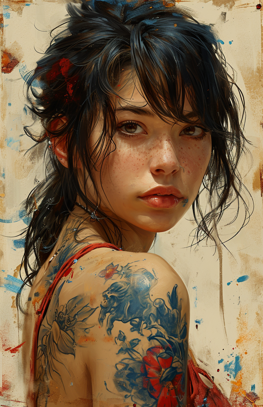 AI generated: Midjourney prompt: an illustration of a girl with tattoos on a grunge... (Midjourney - Portraits)
