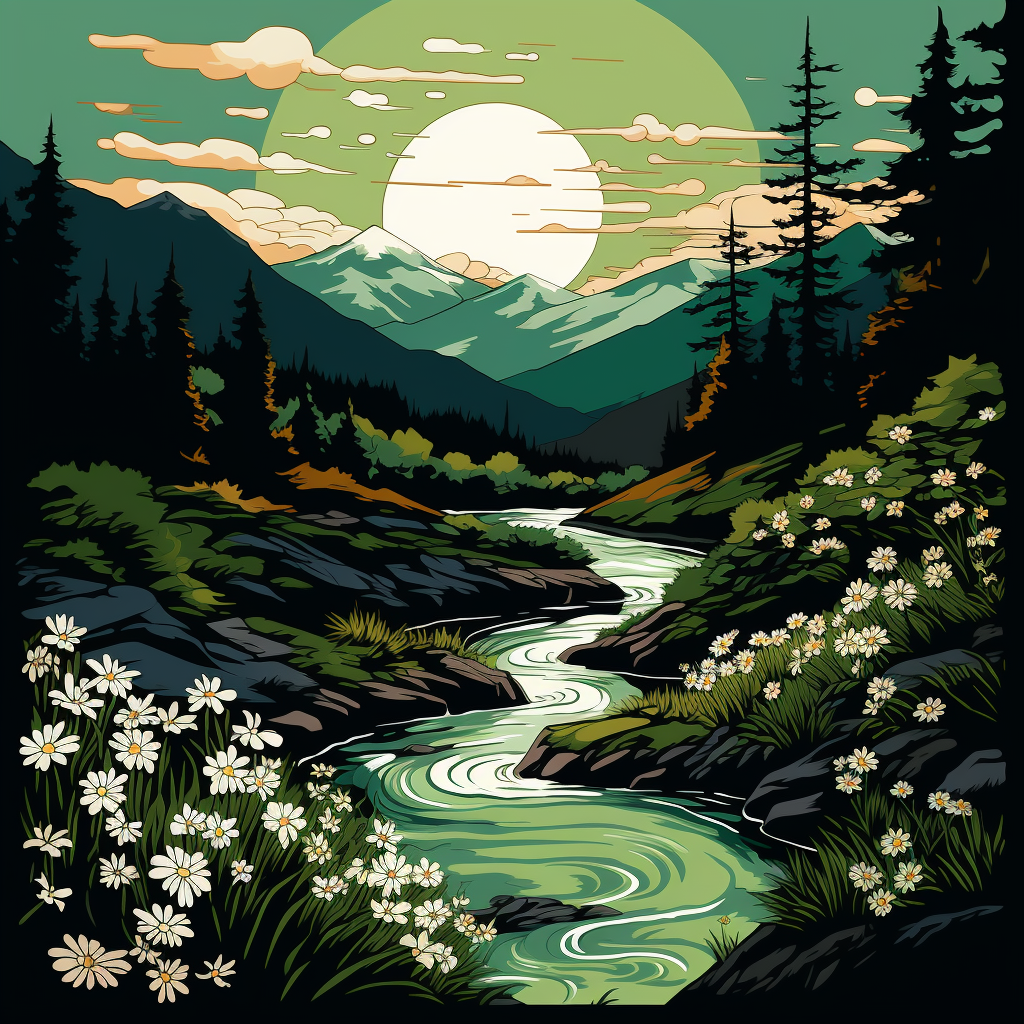 AI generated: Midjourney prompt: Nature vector, forest, flowers, mountains, river, ... (Midjourney - Portraits)