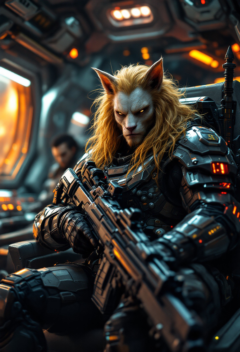 FLUX prompt: A 50yo intense humanoid with feline features...