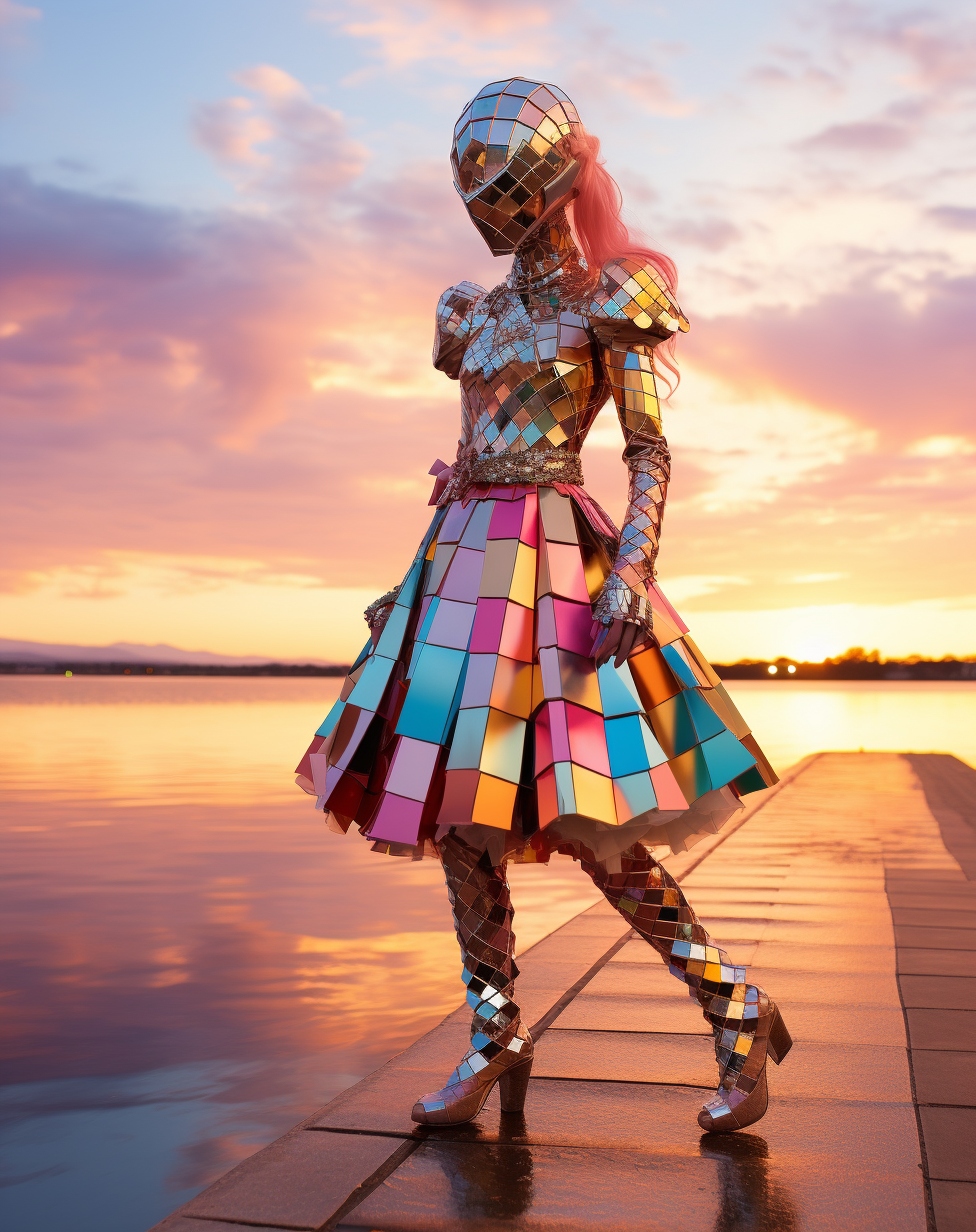 Midjourney prompt: a woman in a shiny outfit stands by the water, in ... - Midjourney