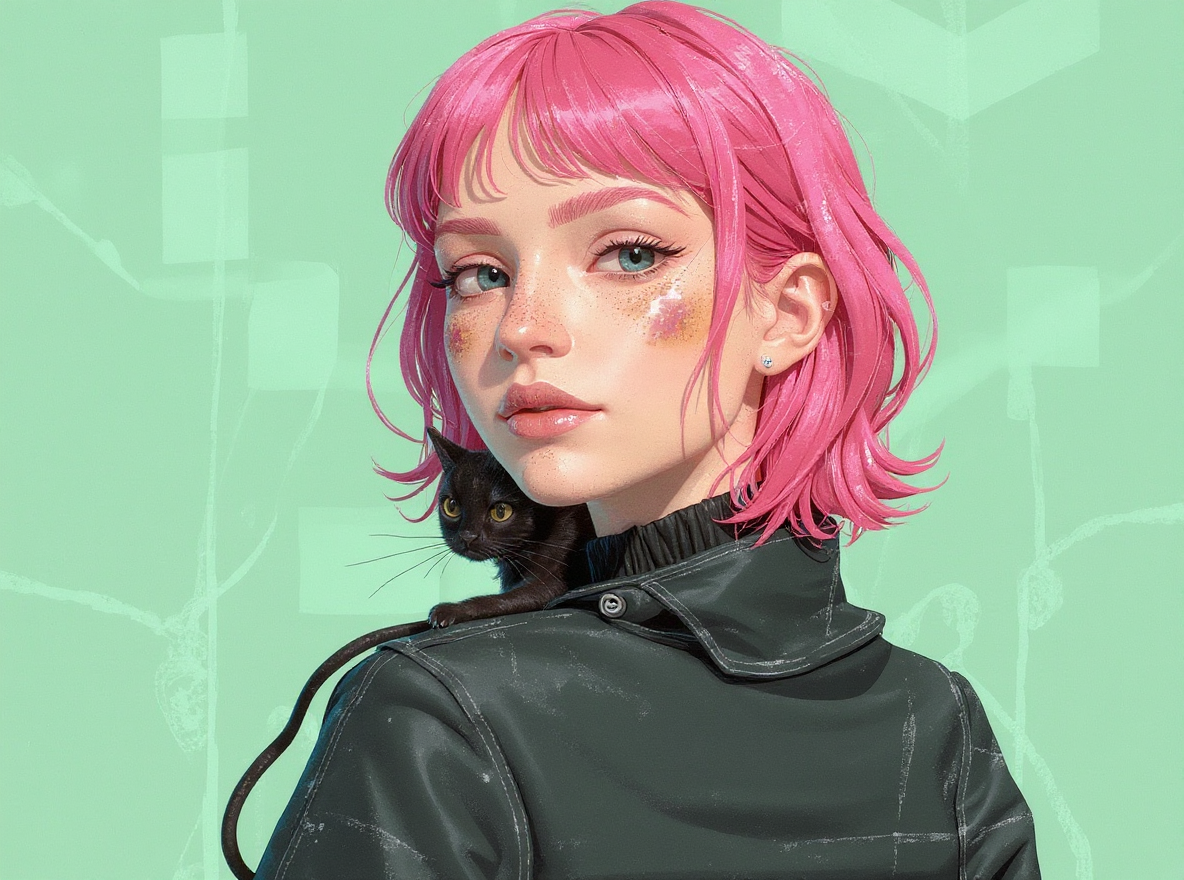 AI generated: FLUX prompt: An illustration of a quirky girl with pink hair, i... (FLUX - Animals & Nature)