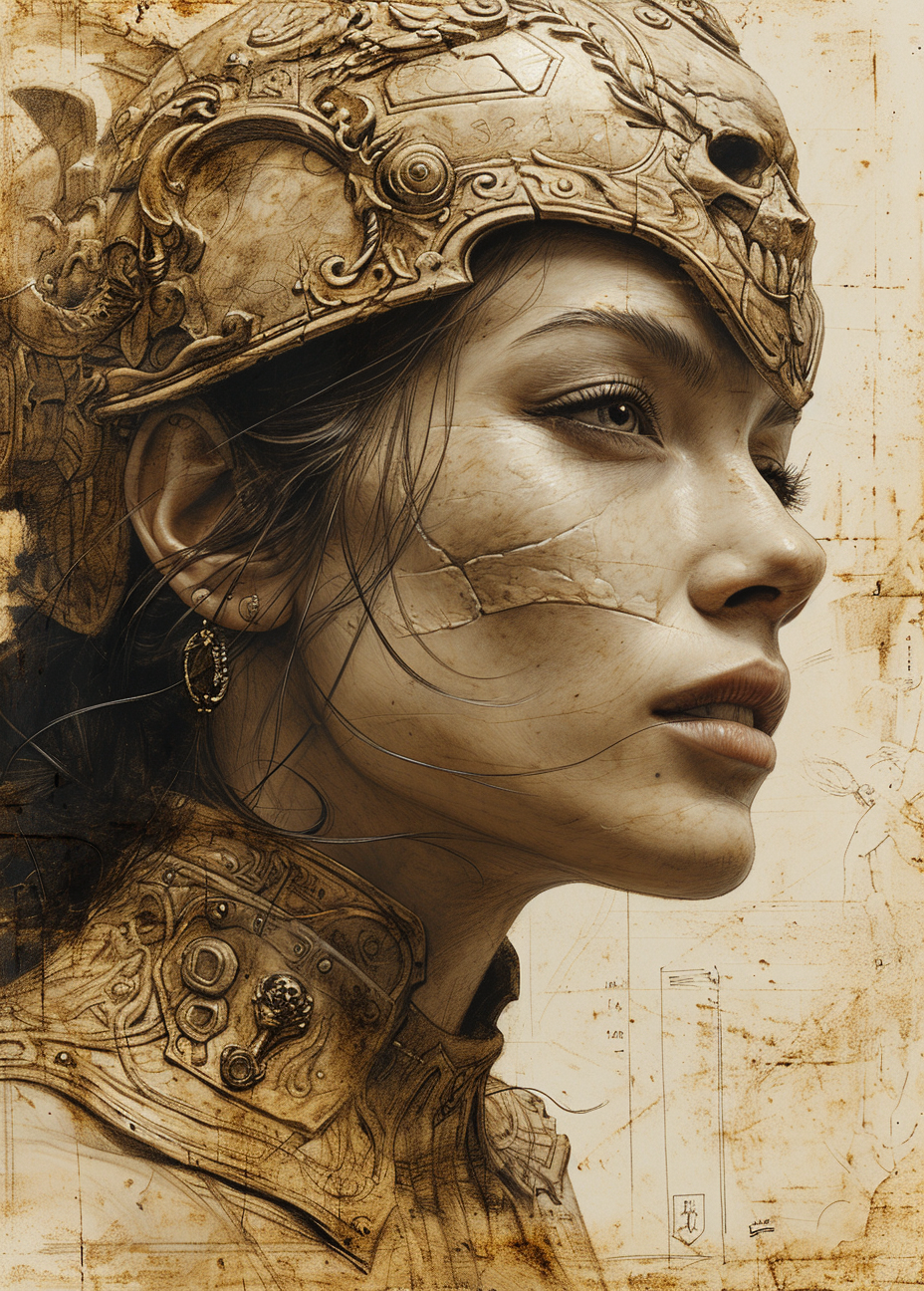 Midjourney prompt: a drawing of a person with a skull helmet on her h... - Midjourney