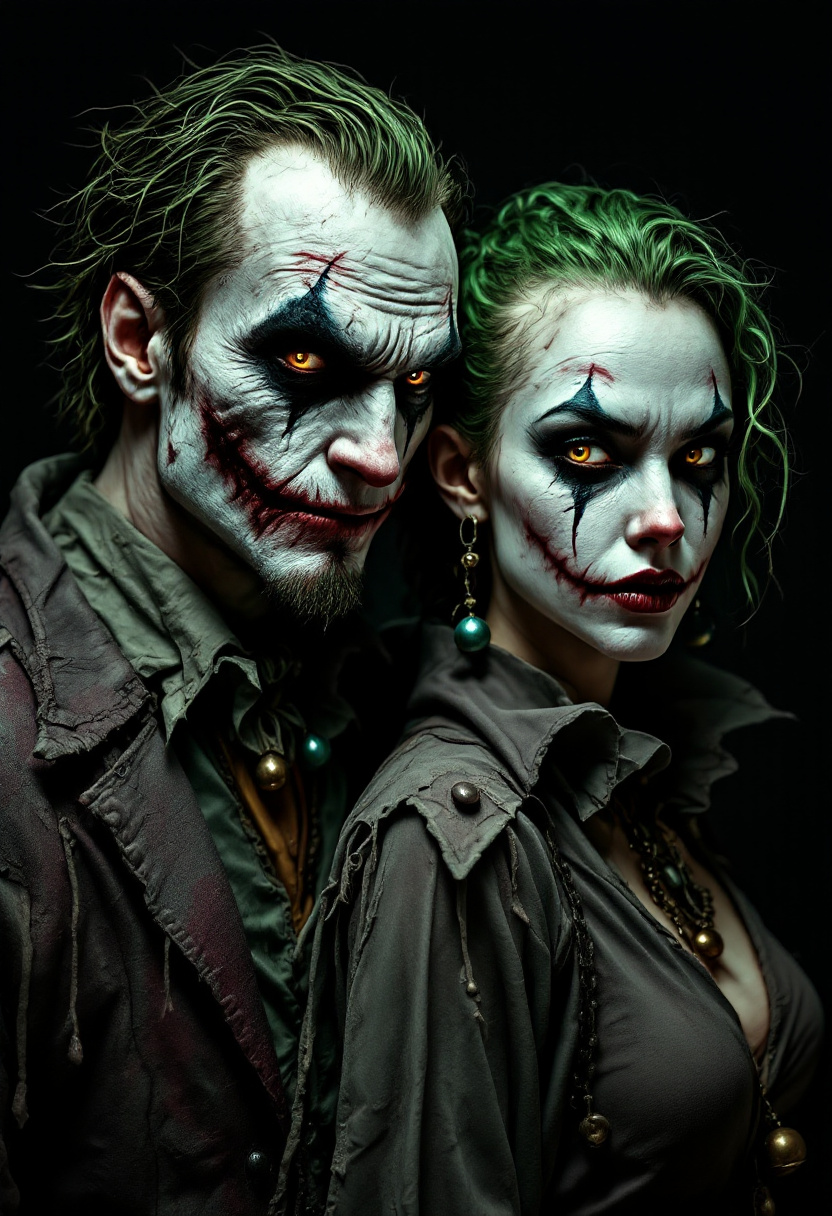 FLUX prompt: Two jokers, a menacing male and a sinister female,... - FLUX