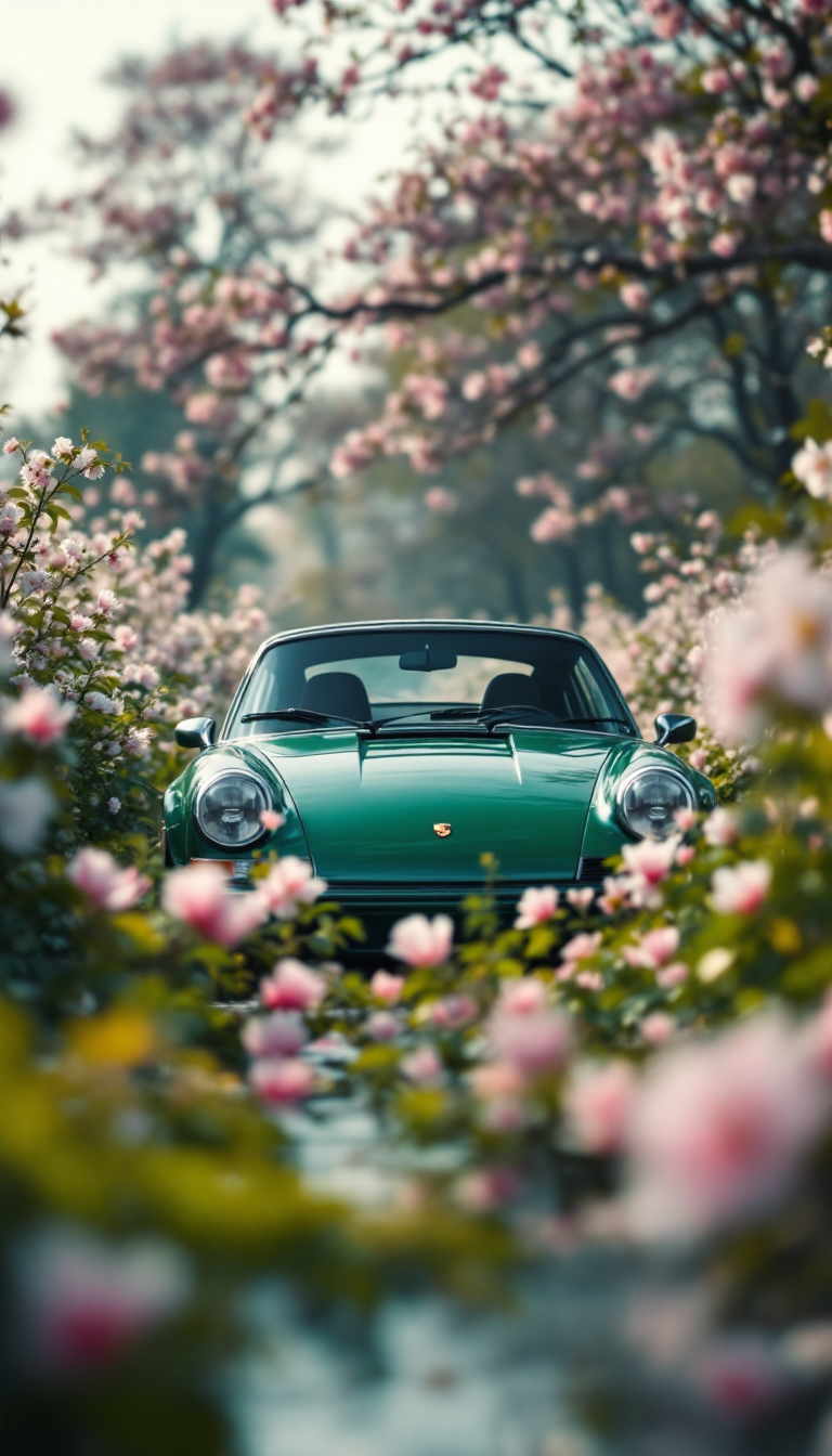 صورة مولدة بالذكاء الاصطناعي: FLUX prompt: extremely low shot of a forest green porche 911 in... (نموذج FLUX - مناظر طبيعية)