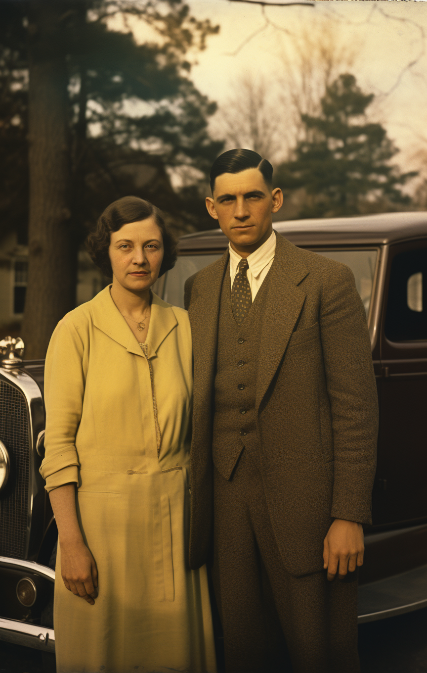 صورة مولدة بالذكاء الاصطناعي: Midjourney prompt: a man and woman stand in front of a white car, in ... (نموذج Midjourney - تصوير فوتوغرافي)