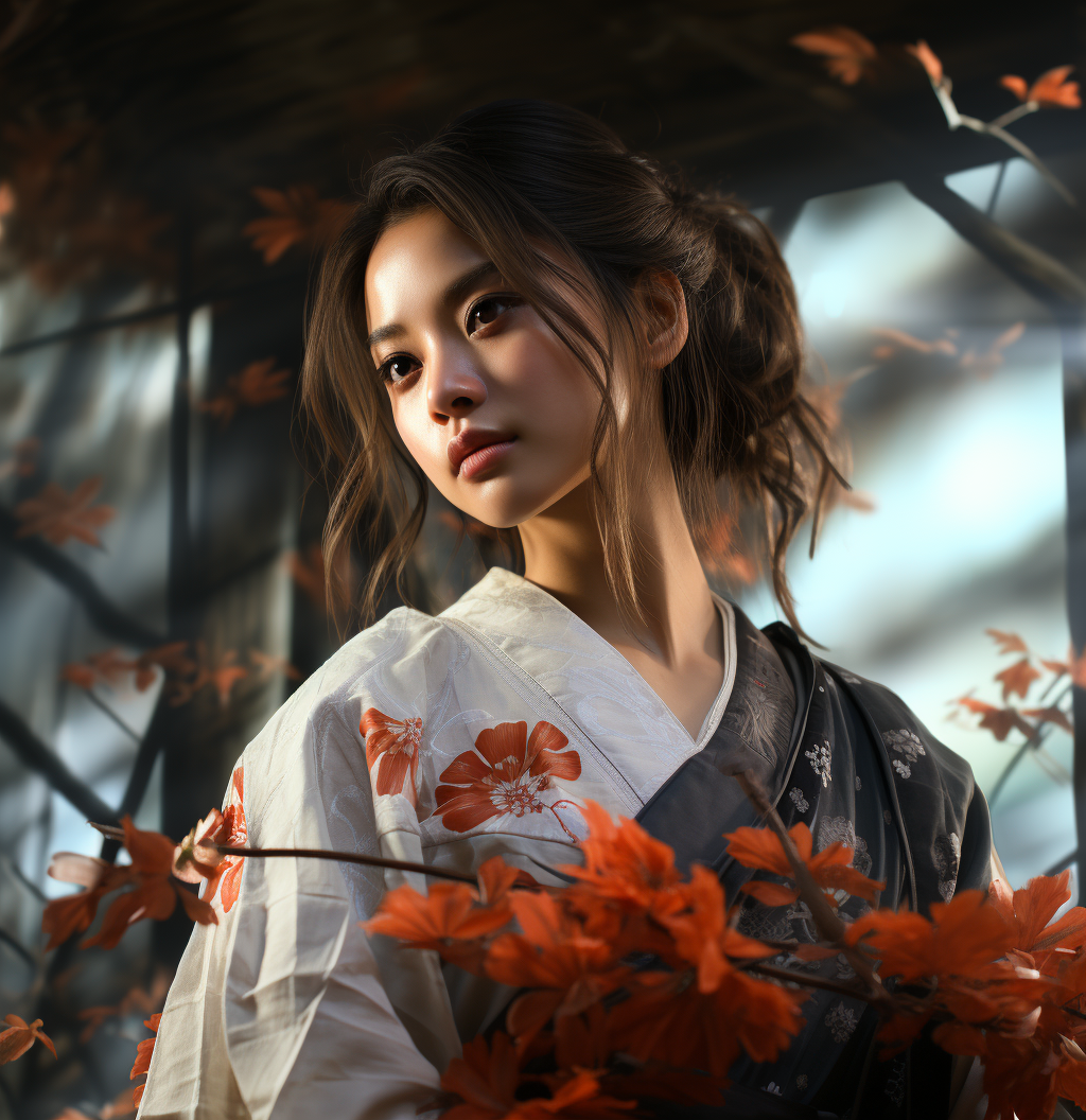 Midjourney prompt: an young asian woman in the forest in kimono, in t... - Midjourney