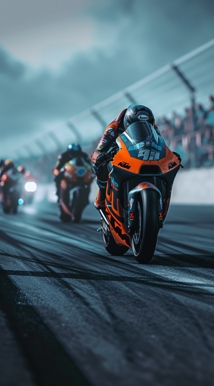 Midjourney prompt: a motorbike race on a track with several people wa... - Midjourney