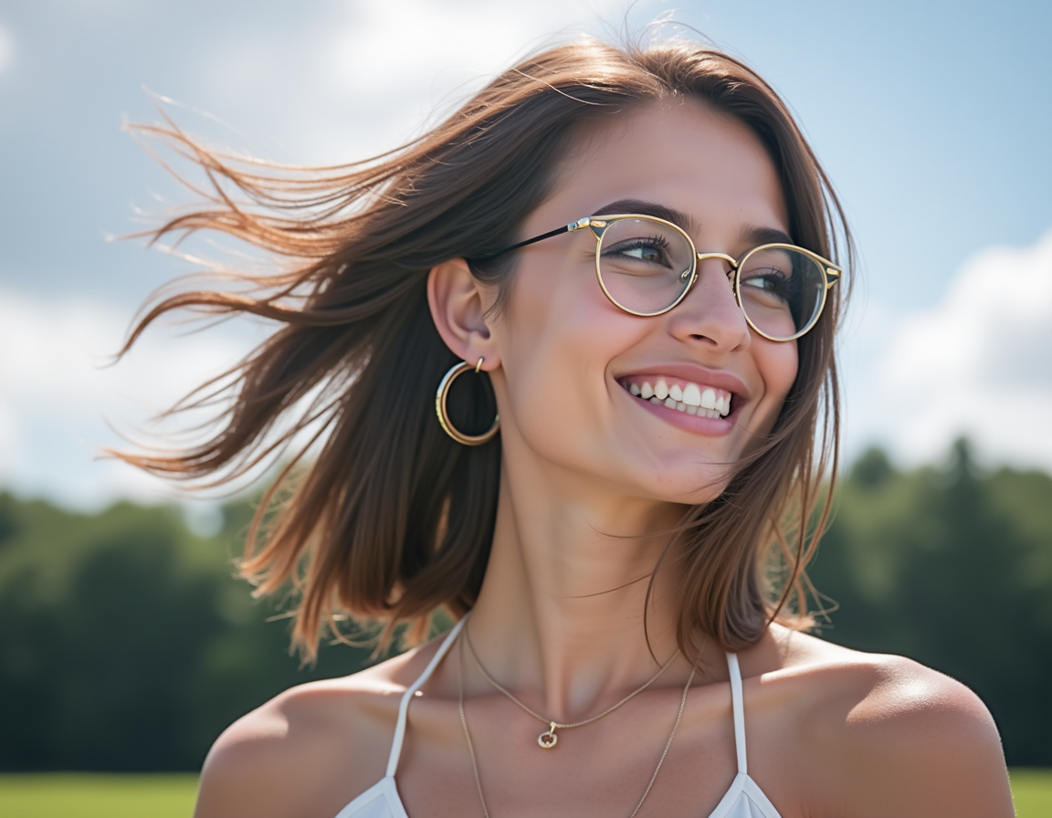 AI generated: FLUX prompt: A woman sits confidently with a radiant big smile ... (FLUX - Photography)